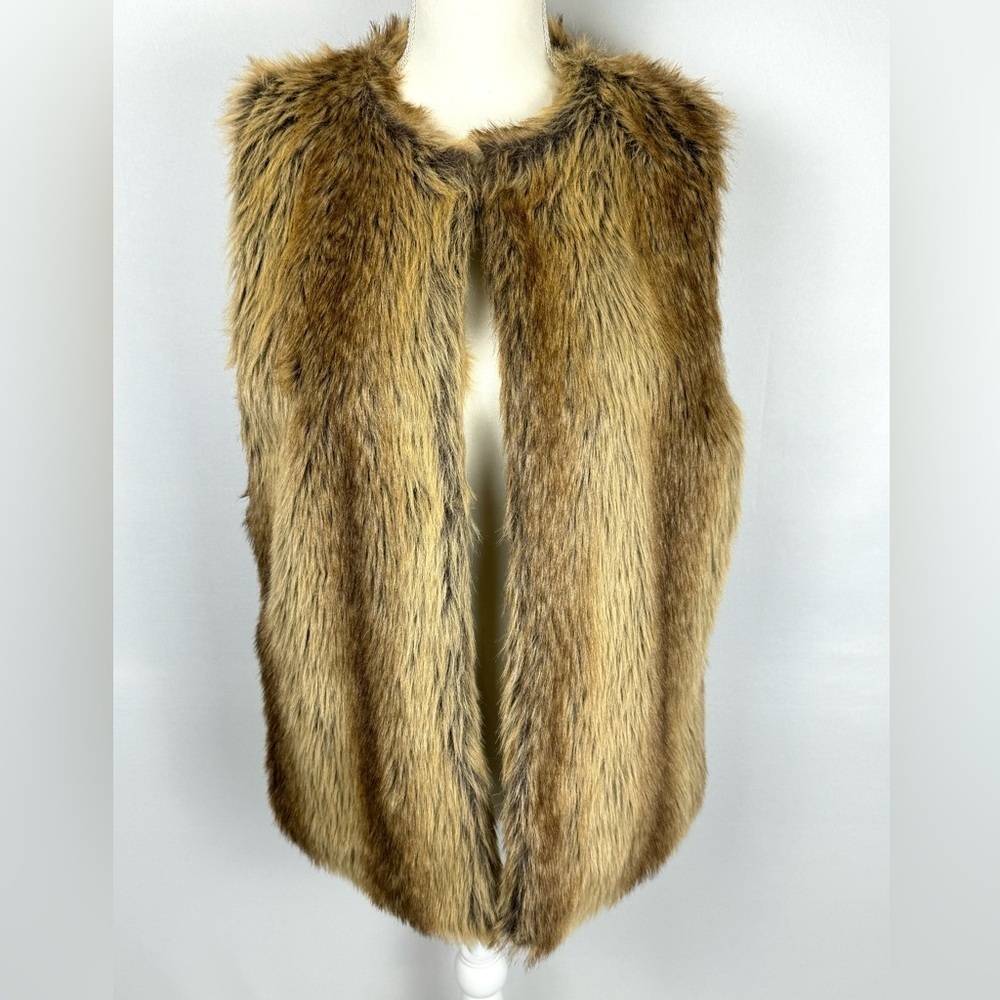 Red Snap Faux Fur Vest Beige Brown Lined Outerwear Retro Apres Ski Large